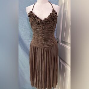BCBG MAXAZRIA Taupe Brown Ruched Mesh Halter Dress Braided Straps Size Medium